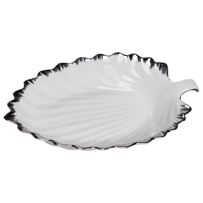 Порцелянова страва для сервірування стола у формі листя 37×18×5 (см) блюдо для подавання закусок Білий зі сріблом 2552-1S (10346)