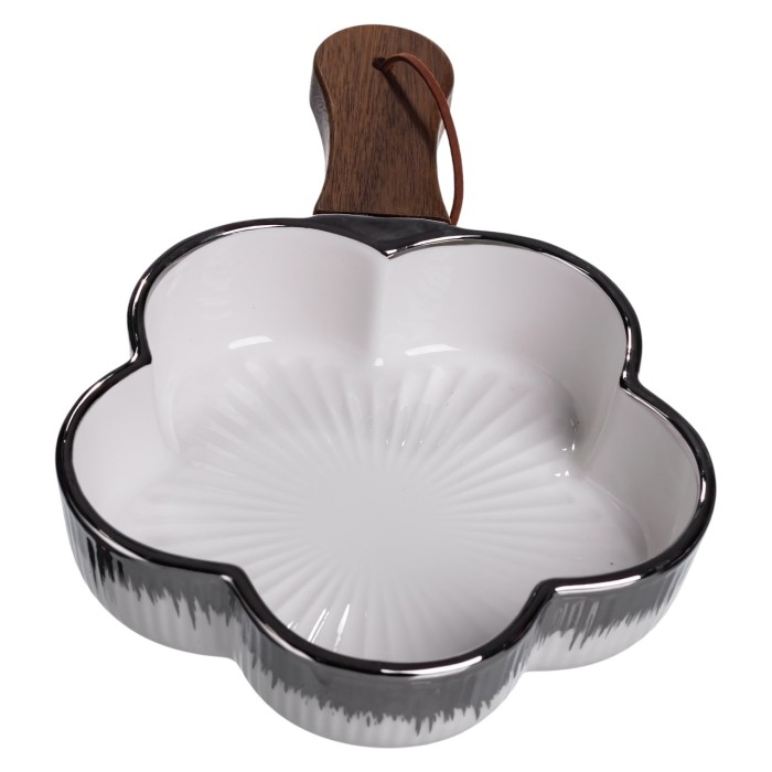 Тарілка порцелянова глибока з ручкою Квітка 24×16×4 (см) блюдо сервірувальне з ручкою для подачі тарілка сковорода Срібло ZJH-13-3 (66922)