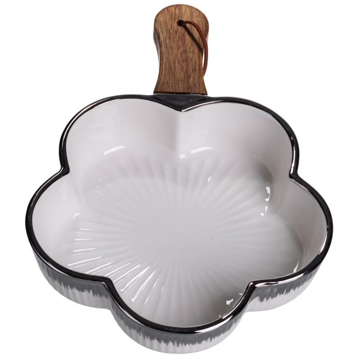 Тарілка порцелянова глибока з ручкою Квітка 27×20×5 (см) блюдо сервірувальне з ручкою для подачі тарілка сковорода Срібло ZJH-13-4 (74760)