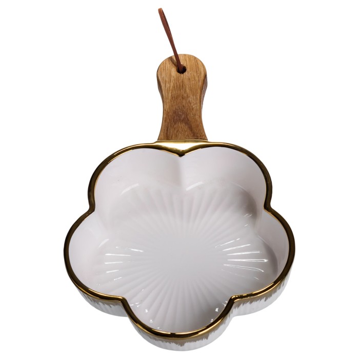 Тарілка порцелянова глибока з ручкою Квітка 24×16×4 (см) блюдо сервірувальне з ручкою для подачі тарілка сковорода Золото ZJH-13-1 (31466)