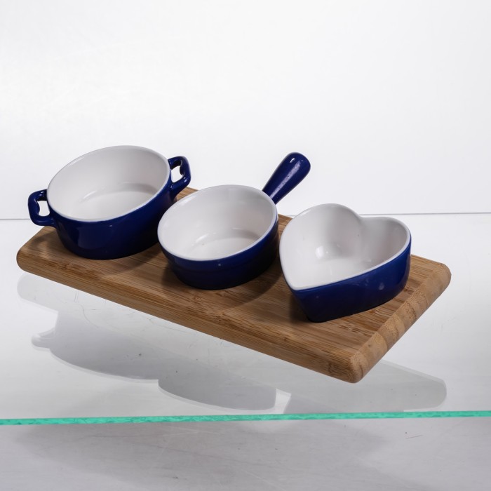 Набір менажниць порцелянових для закусок 3 (шт) по 50 (мл) менажниці на бамбуковій підставці Синій HZ001-B (28931)
