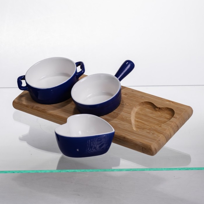 Набір менажниць порцелянових для закусок 3 (шт) по 50 (мл) менажниці на бамбуковій підставці Синій HZ001-B (28931)