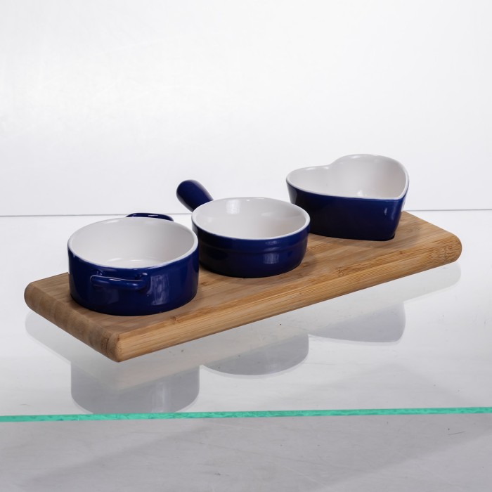 Набір менажниць порцелянових для закусок 3 (шт) по 50 (мл) менажниці на бамбуковій підставці Синій HZ001-B (28931)