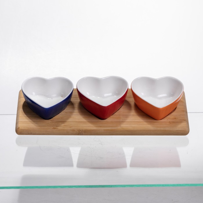 Набір менажниць порцелянових для закусок 3 (шт) по 50 (мл) менажниці у формі серця на бамбуковій підставці TX001 (62306)