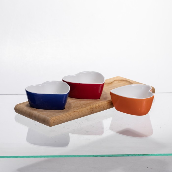 Набір менажниць порцелянових для закусок 3 (шт) по 50 (мл) менажниці у формі серця на бамбуковій підставці TX001 (62306)