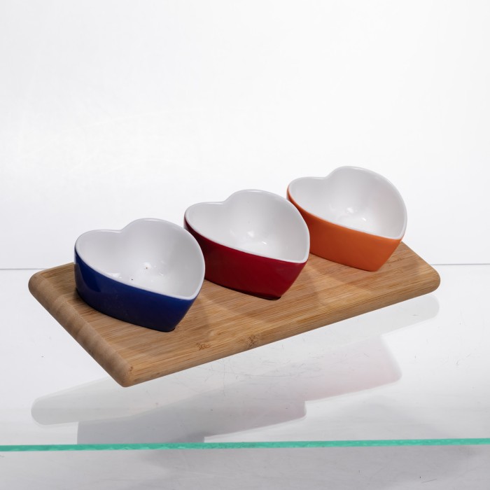Набір менажниць порцелянових для закусок 3 (шт) по 50 (мл) менажниці у формі серця на бамбуковій підставці TX001 (62306)
