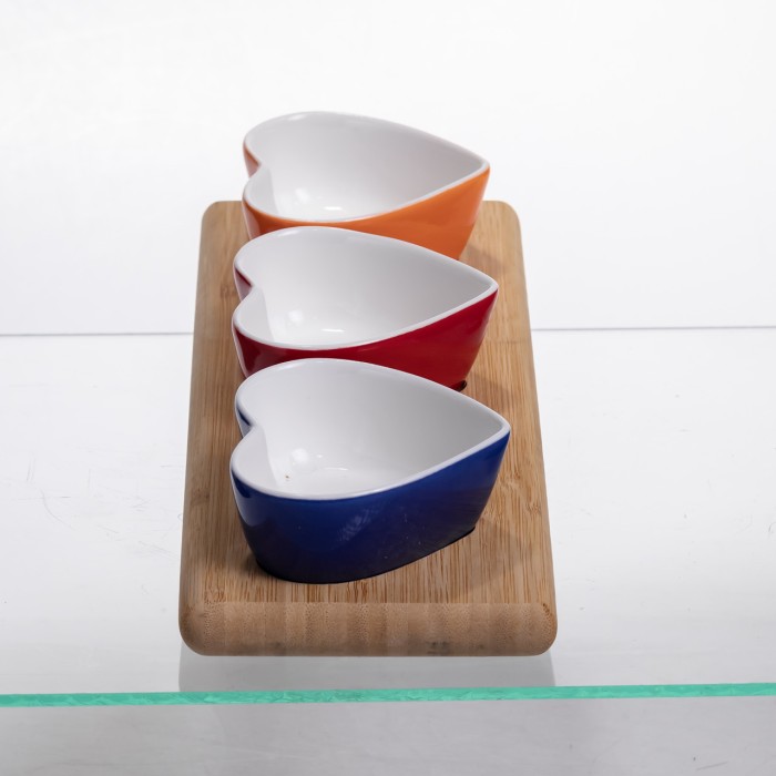 Набір менажниць порцелянових для закусок 3 (шт) по 50 (мл) менажниці у формі серця на бамбуковій підставці TX001 (62306)