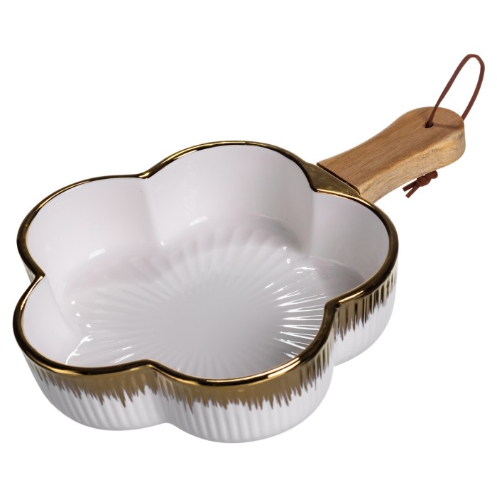 Тарілка порцелянова глибока з ручкою Квітка 27×20×5 (см) блюдо сервірувальне з ручкою для подачі тарілка сковорода Золото ZJH-13-2 (84246)