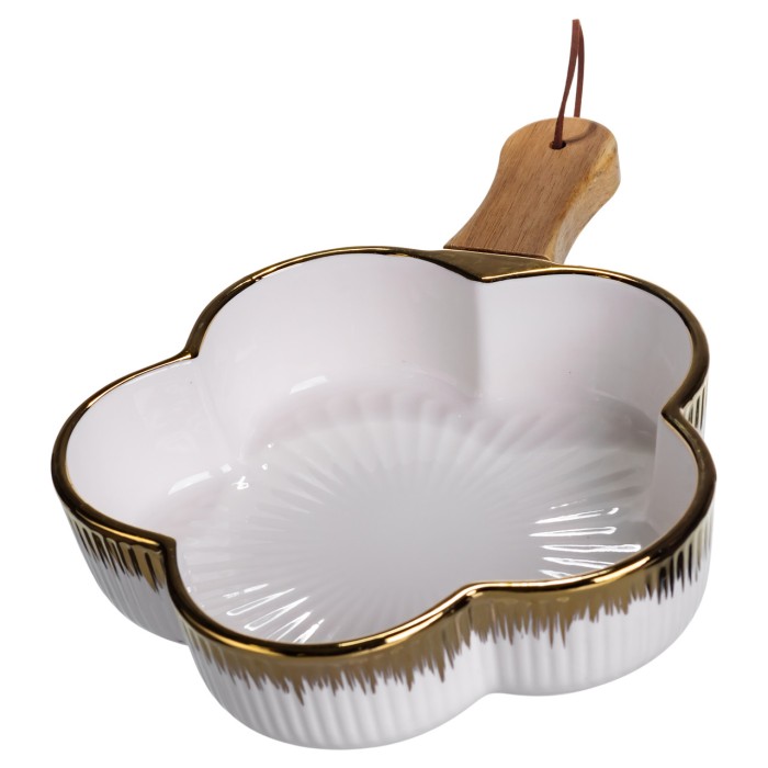 Тарілка порцелянова глибока з ручкою Квітка 27×20×5 (см) блюдо сервірувальне з ручкою для подачі тарілка сковорода Золото ZJH-13-2 (84246)