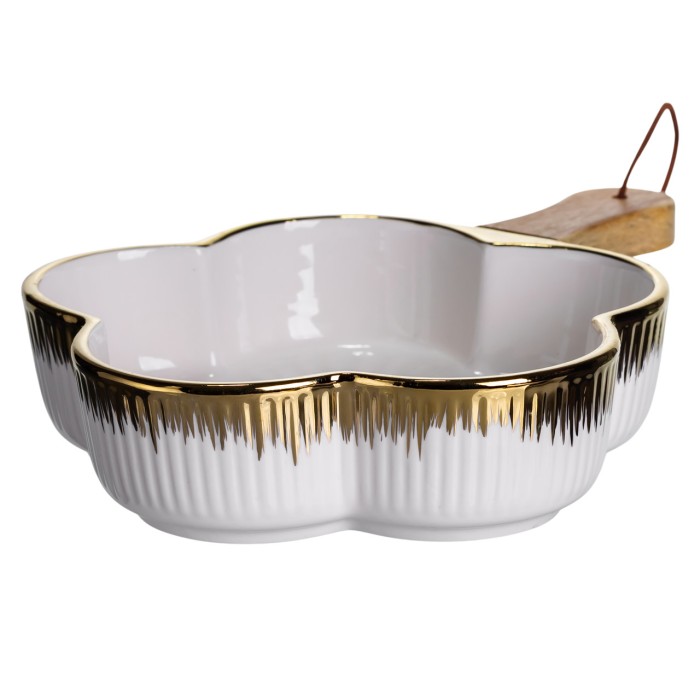 Тарілка порцелянова глибока з ручкою Квітка 27×20×5 (см) блюдо сервірувальне з ручкою для подачі тарілка сковорода Золото ZJH-13-2 (84246)