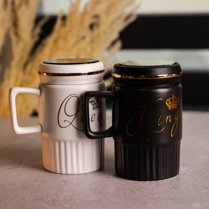 Набір парних порцелянових чашок з кришкою 2 (шт) по 450 (мл) Чорний з білим Yiwu FM-26 (82194)