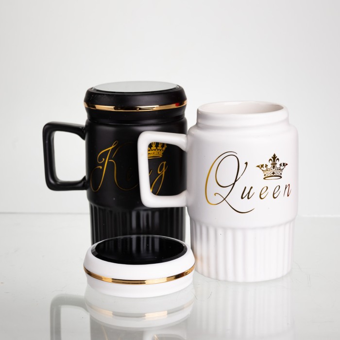 Набір парних порцелянових чашок з кришкою 2 (шт) по 450 (мл) Чорний з білим Yiwu FM-26 (82194)