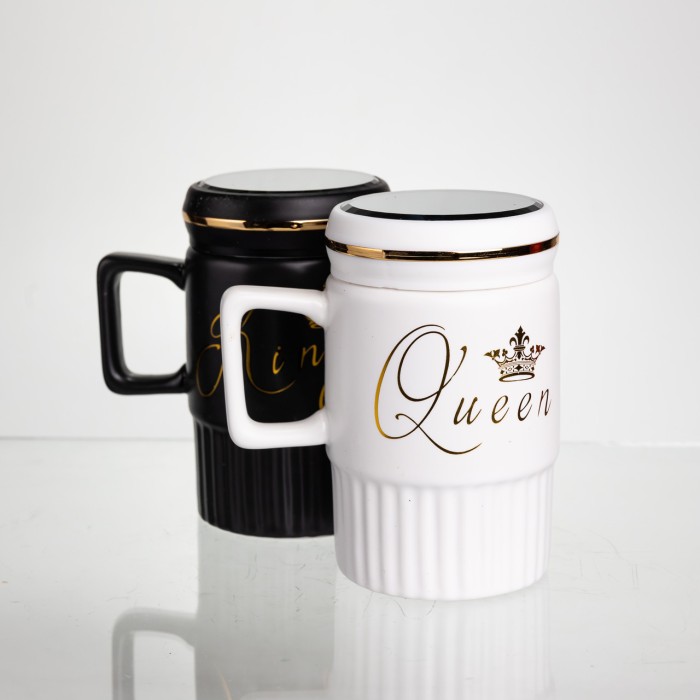 Набір парних порцелянових чашок з кришкою 2 (шт) по 450 (мл) Чорний з білим Yiwu FM-26 (82194)