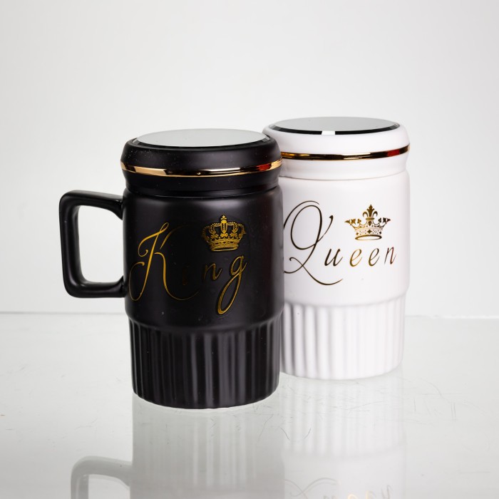 Набір парних порцелянових чашок з кришкою 2 (шт) по 450 (мл) Чорний з білим Yiwu FM-26 (82194)