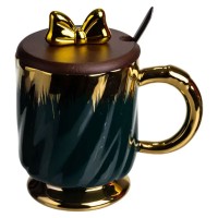 Новорічна порцелянова чашка «Золотий Вихор» 450 мл з кришкою і ложкою Yiwu FM-23A (89218)