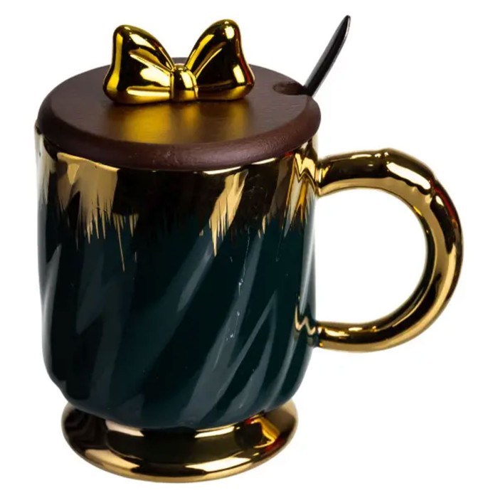 Новорічна порцелянова чашка «Золотий Вихор» 450 мл з кришкою і ложкою Yiwu FM-23A (89218)