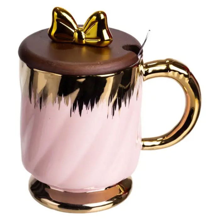 Новорічна порцелянова чашка «Золотий Вихор» 450 мл з кришкою і ложкою Yiwu FM-23B (73258)