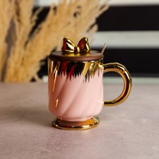 Новорічна порцелянова чашка «Золотий Вихор» 450 мл з кришкою і ложкою Yiwu FM-23B (73258)