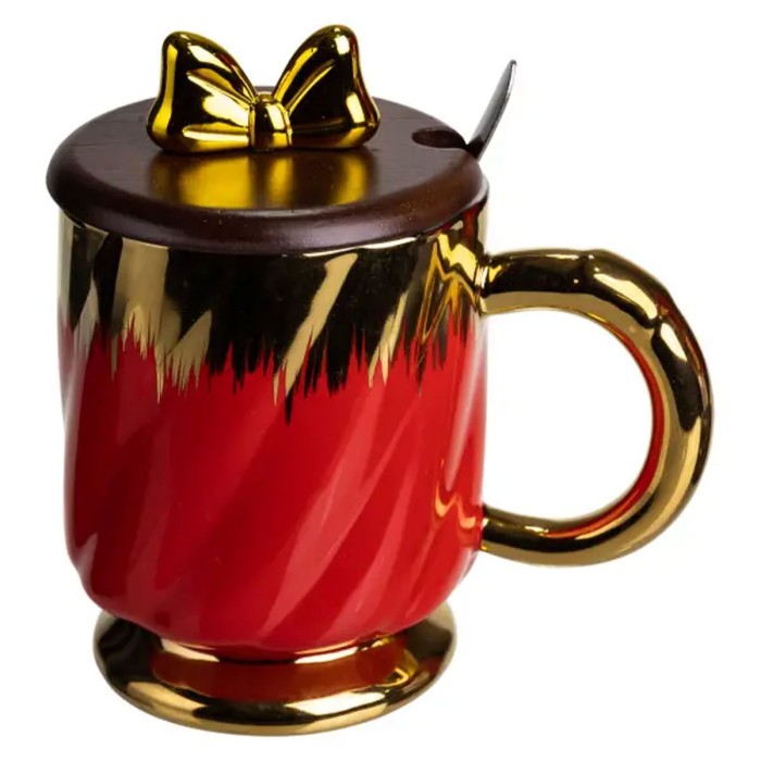 Новорічна порцелянова чашка «Золотий Вихор» 450 мл з кришкою і ложкою Yiwu FM-23C (71823)