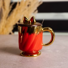 Новорічна порцелянова чашка «Золотий Вихор» 450 мл з кришкою і ложкою Yiwu FM-23C (71823)