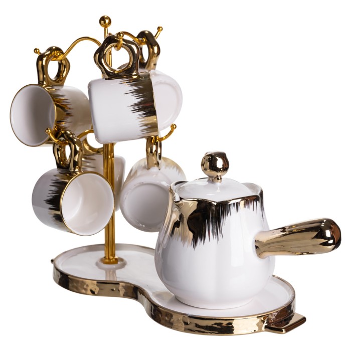Кавовий сервіз на підставці з туркою 450 (мл) 6 чашок по 90 (мл) подарунковий набір чашок на підставці Білий із золотом FM-JJ-3 (11364)