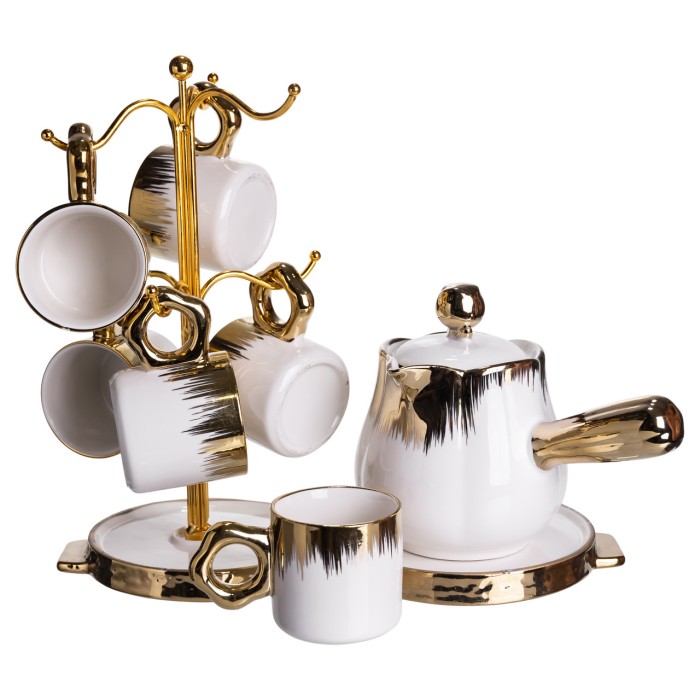 Кавовий сервіз на підставці з туркою 450 (мл) 6 чашок по 90 (мл) подарунковий набір чашок на підставці Білий із золотом FM-JJ-3 (11364)