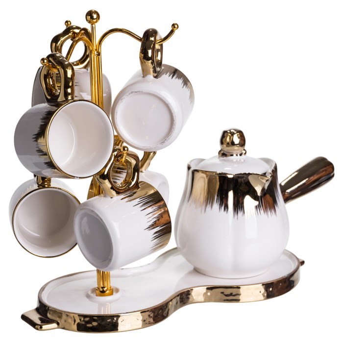Кавовий сервіз на підставці з туркою 450 (мл) 6 чашок по 90 (мл) подарунковий набір чашок на підставці Білий із золотом FM-JJ-3 (11364)