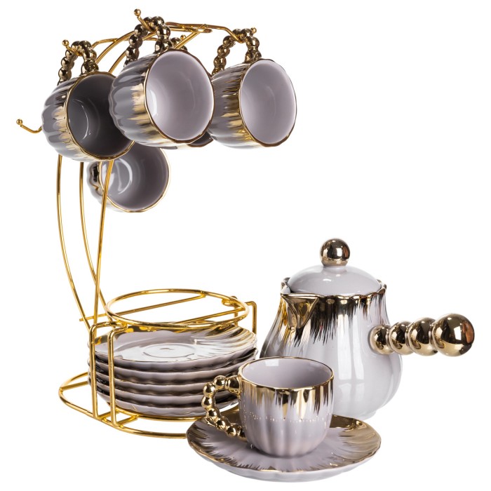 Кавовий сервіз на підставці з туркою 450 (мл) 6 чашок по 90 (мл) подарунковий набір чашок на підставці Сірий із золотом FM-JJ-4 (52064)