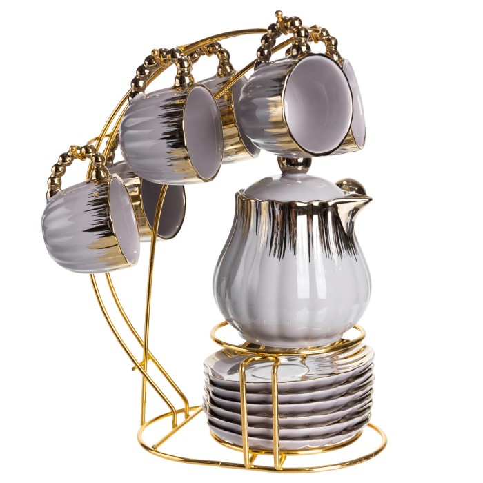 Кавовий сервіз на підставці з туркою 450 (мл) 6 чашок по 90 (мл) подарунковий набір чашок на підставці Сірий із золотом FM-JJ-4 (52064)