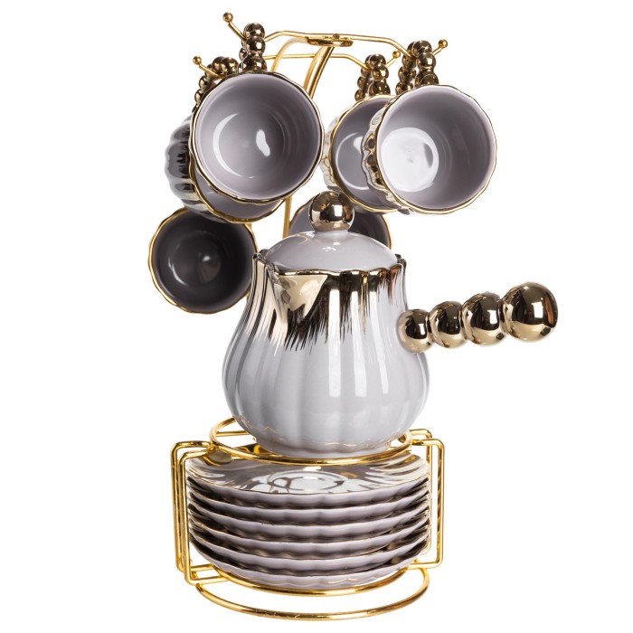 Кавовий сервіз на підставці з туркою 450 (мл) 6 чашок по 90 (мл) подарунковий набір чашок на підставці Сірий із золотом FM-JJ-4 (52064)