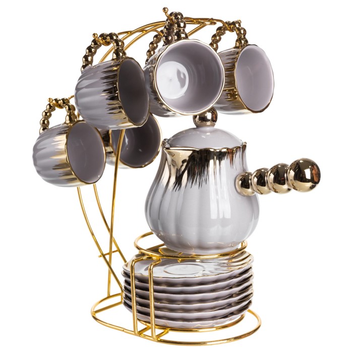 Кавовий сервіз на підставці з туркою 450 (мл) 6 чашок по 90 (мл) подарунковий набір чашок на підставці Сірий із золотом FM-JJ-4 (52064)