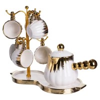 Кавовий сервіз на підставці з туркою 450 (мл) 6 чашок по 90 (мл) подарунковий набір чашок на підставці Білий із золотом FM-JJ-5 (83317)