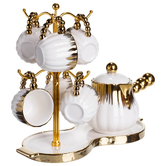 Кавовий сервіз на підставці з туркою 450 (мл) 6 чашок по 90 (мл) подарунковий набір чашок на підставці Білий із золотом FM-JJ-5 (83317)
