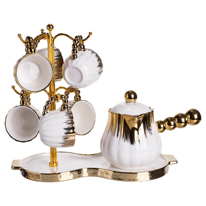 Кавовий сервіз на підставці з туркою 450 (мл) 6 чашок по 90 (мл) подарунковий набір чашок на підставці Білий із золотом FM-JJ-5 (83317)