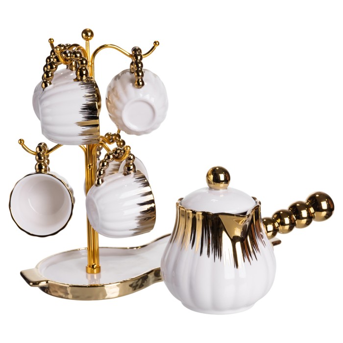 Кавовий сервіз на підставці з туркою 450 (мл) 6 чашок по 90 (мл) подарунковий набір чашок на підставці Білий із золотом FM-JJ-5 (83317)