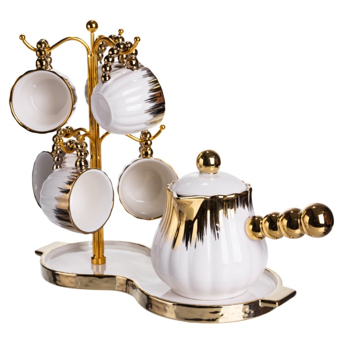 Кавовий сервіз на підставці з туркою 450 (мл) 6 чашок по 90 (мл) подарунковий набір чашок на підставці Білий із золотом FM-JJ-5 (83317)