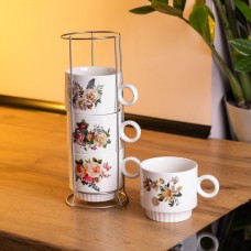 Набір чашок для чаю та кави на металевій підставці Flower 4 (шт) по 300 (мл) подарунковий набір порцелянових чашок FM-7 (79282)