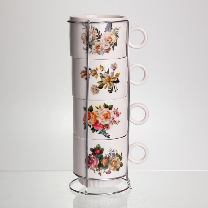 Набір чашок для чаю та кави на металевій підставці Flower 4 (шт) по 300 (мл) подарунковий набір порцелянових чашок FM-7 (79282)