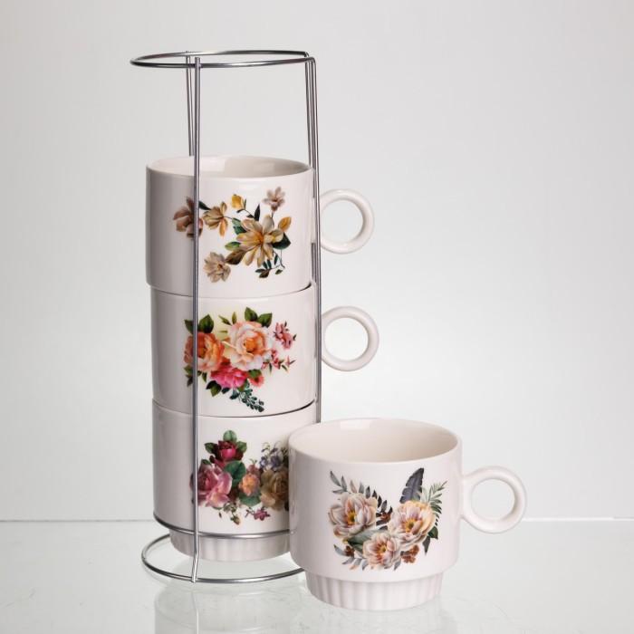 Набір чашок для чаю та кави на металевій підставці Flower 4 (шт) по 300 (мл) подарунковий набір порцелянових чашок FM-7 (79282)