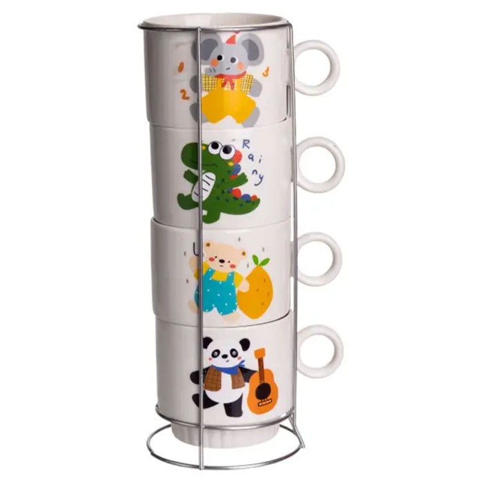 Набір порцелянових чашок для дітей на металевій підставці Animals 4 (шт) по 300 (мл) подарунковий набір чашок FM-8 (74973)