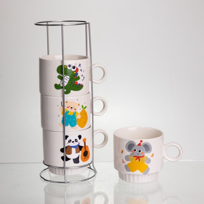 Набір порцелянових чашок для дітей на металевій підставці Animals 4 (шт) по 300 (мл) подарунковий набір чашок FM-8 (74973)