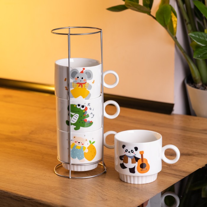 Набір порцелянових чашок для дітей на металевій підставці Animals 4 (шт) по 300 (мл) подарунковий набір чашок FM-8 (74973)