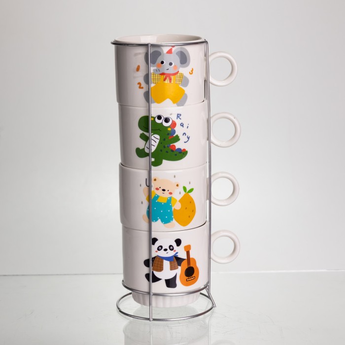 Набір порцелянових чашок для дітей на металевій підставці Animals 4 (шт) по 300 (мл) подарунковий набір чашок FM-8 (74973)