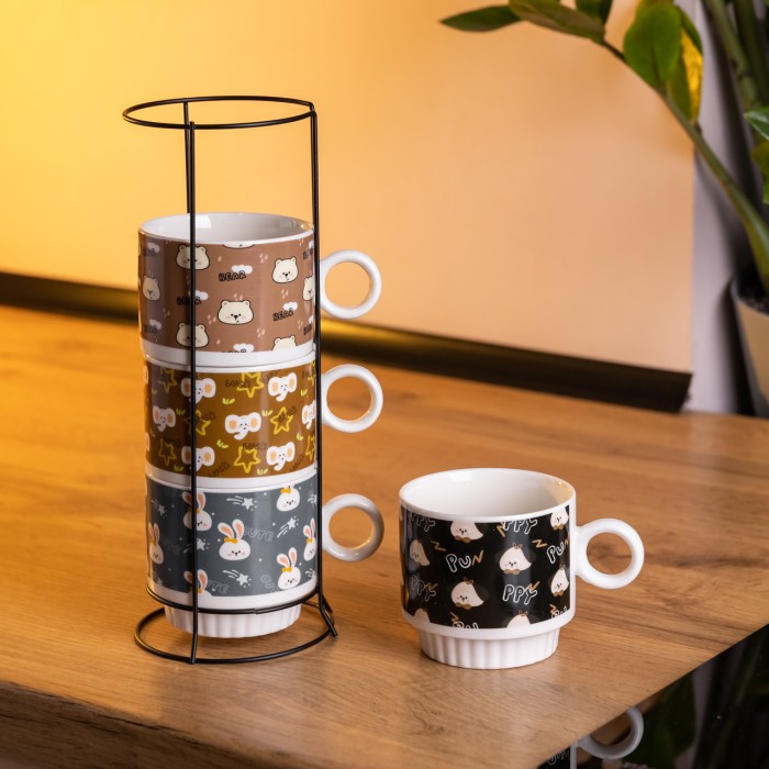 Набір порцелянових чашок для дітей на металевій підставці Toys 4 (шт) по 300 (мл) подарунковий набір чашок FM-15 (84753)