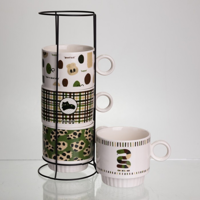 Набір чашок для чаю та кави на металевій підставці Lucky 4 (шт) по 300 (мл) подарунковий набір порцелянових чашок FM-16 (86925)