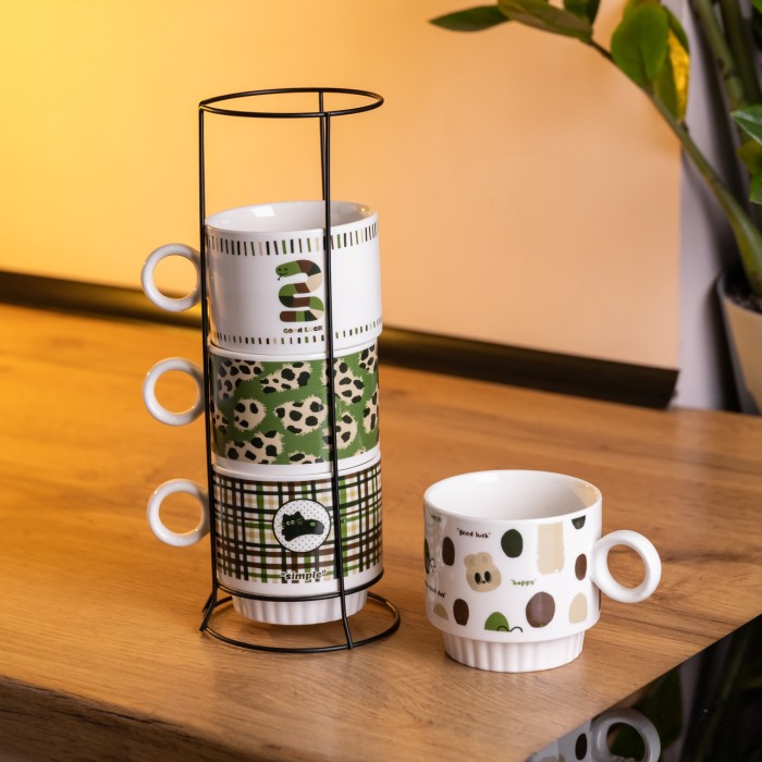 Набір чашок для чаю та кави на металевій підставці Lucky 4 (шт) по 300 (мл) подарунковий набір порцелянових чашок FM-16 (86925)