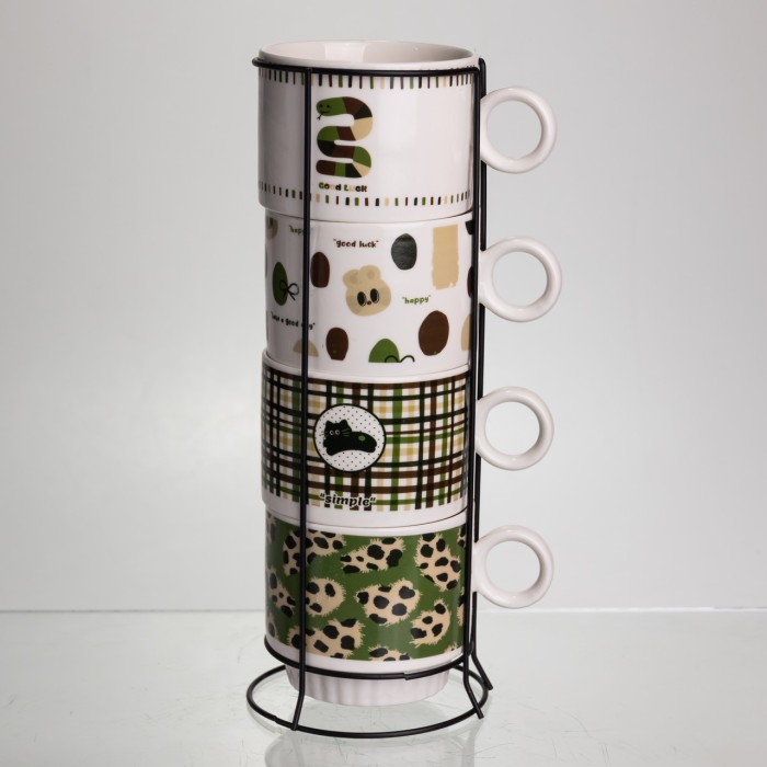 Набір чашок для чаю та кави на металевій підставці Lucky 4 (шт) по 300 (мл) подарунковий набір порцелянових чашок FM-16 (86925)