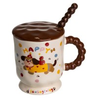 Новорічна порцелянова чашка "Весела Такса" з кришкою та ложкою 400 мл, Святкова кружка чашка для дітей на подарунок FM-17A (37593)