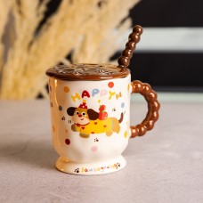 Новорічна порцелянова чашка "Весела Такса" з кришкою та ложкою 400 мл, Святкова кружка чашка для дітей на подарунок FM-17A (37593)