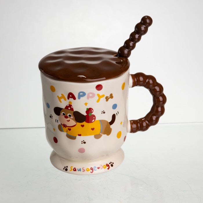 Новорічна порцелянова чашка "Весела Такса" з кришкою та ложкою 400 мл, Святкова кружка чашка для дітей на подарунок FM-17A (37593)